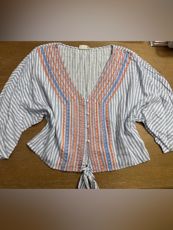 Altar'd State Tops - Altar’d State striped V-Neck Tie-Front Blouse with Coral & Blue Embroidery